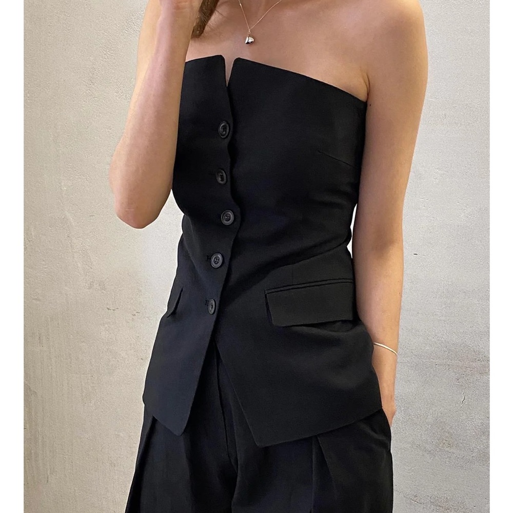 Pixie Market Linen Strapless Black Button Top Size Medium